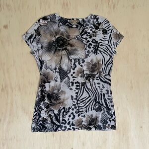 Y2K women’s floral & mixed animal print all over print fitted tee shirt